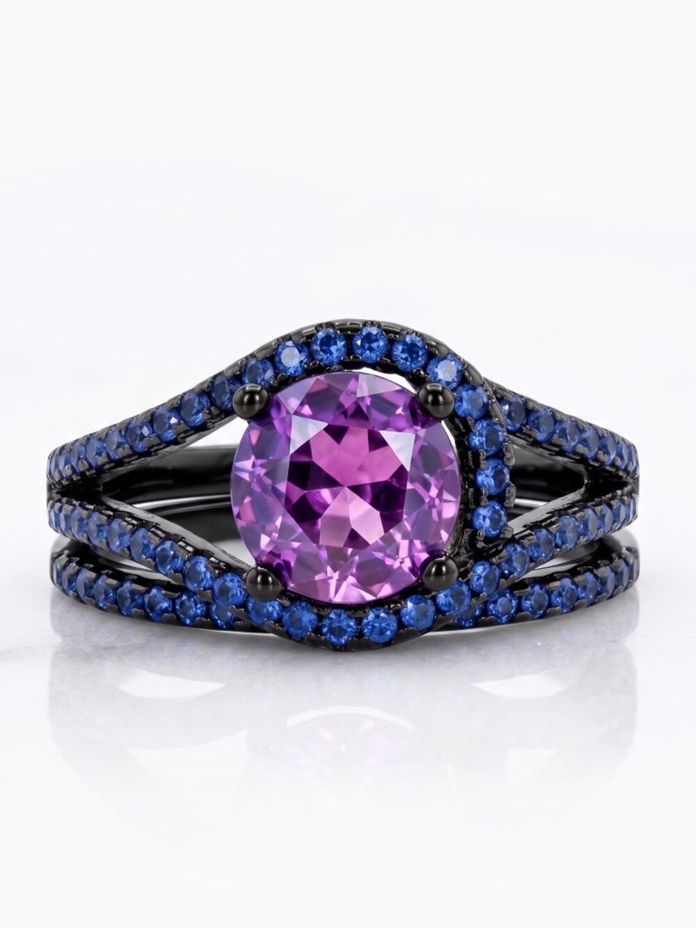 Pink & Purple round Tourmarine Gemstone ring, 925 Sterling Silver, Black Gold